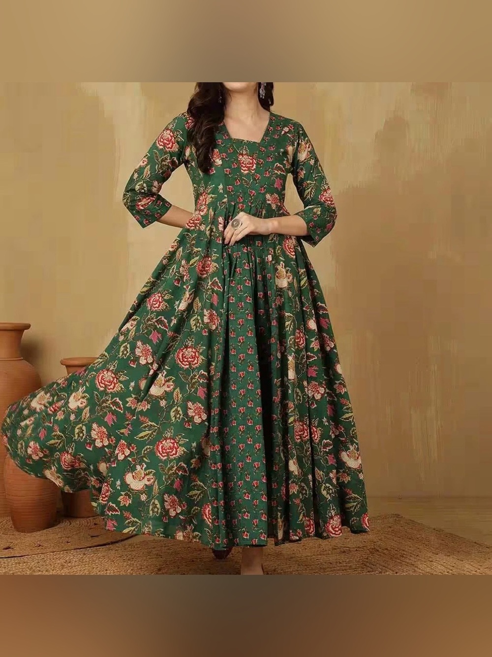 GlamRoots Women’s Green Floral Printed Cotton Anarkali Maxi Dress XXL